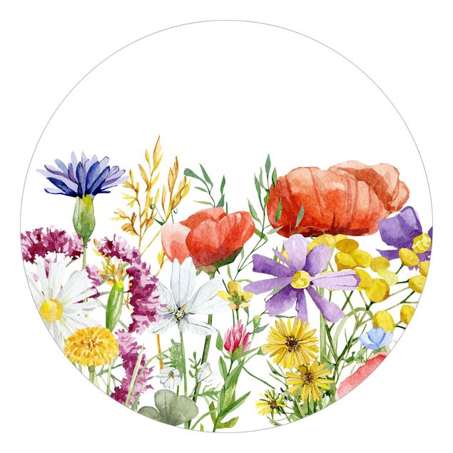 Runde Tapete selbstklebend - Aquarellierte Blumen