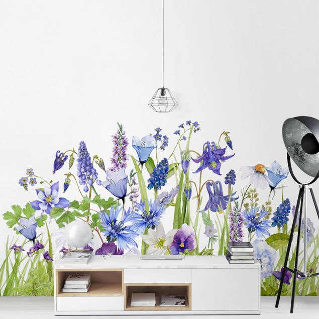 Fototapete - Aquarellierte Blumenwiese in Blau