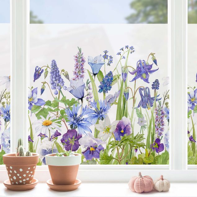 Fensterbilder Blumen Aquarellierte Blumenwiese in Blau