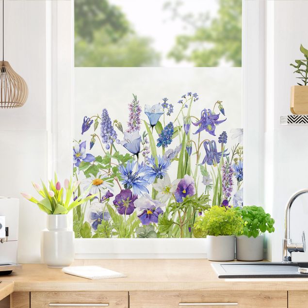 Fensterfolie bunt Aquarellierte Blumenwiese in Blau