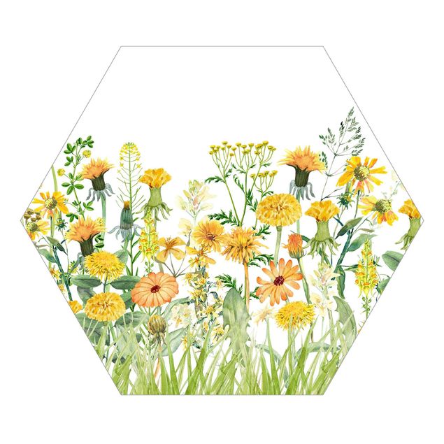 Hexagon Mustertapete selbstklebend - Aquarellierte Blumenwiese in Gelb
