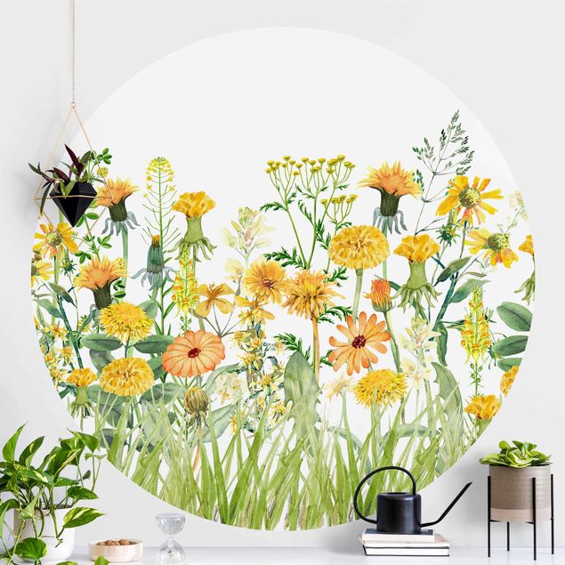 Runde Tapete selbstklebend - Aquarellierte Blumenwiese in Gelb