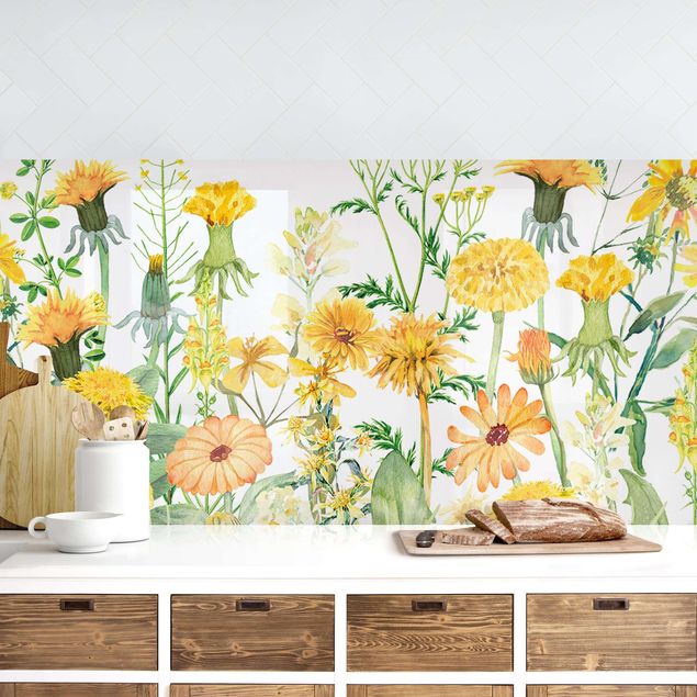 Küchenrückwand - Aquarellierte Blumenwiese in Gelb