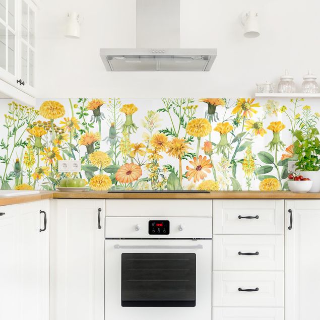 Küchenrückwand - Aquarellierte Blumenwiese in Gelb