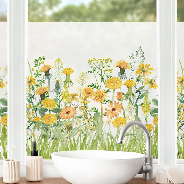 Blumen Fensterbild Aquarellierte Blumenwiese in Gelb