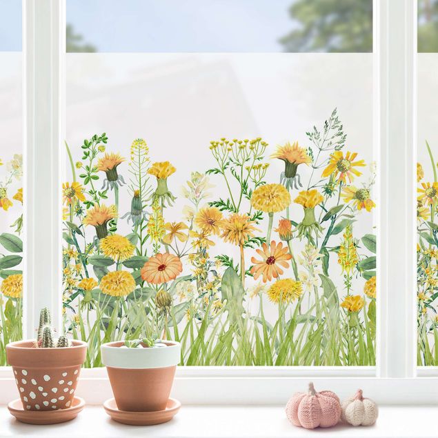 Fensterfolie Motiv Blumen Aquarellierte Blumenwiese in Gelb