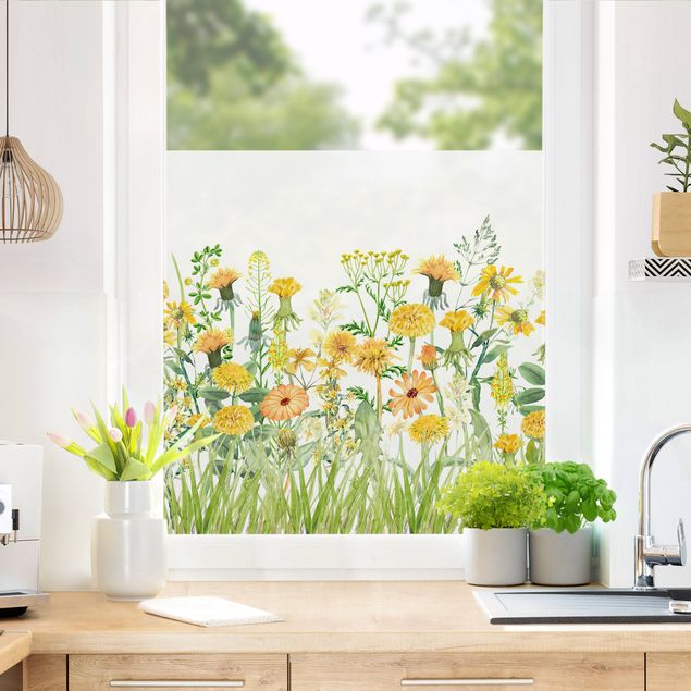bunte Fensterfolie Aquarellierte Blumenwiese in Gelb