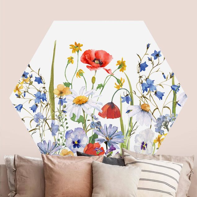 Hexagon Mustertapete selbstklebend - Aquarellierte Blumenwiese mit Mohn