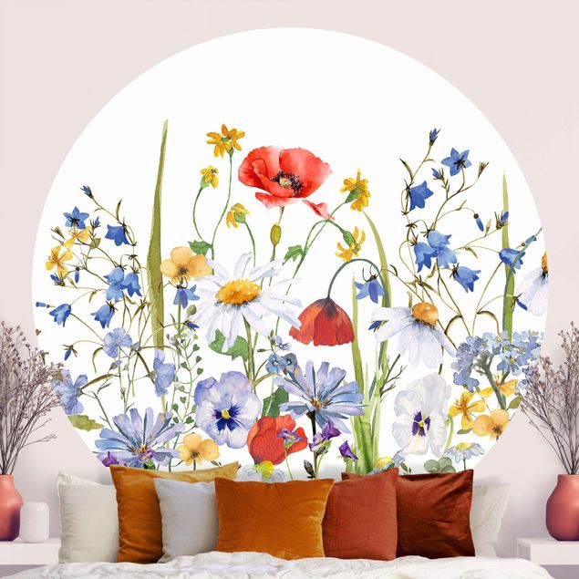 Runde Tapete selbstklebend - Aquarellierte Blumenwiese mit Mohn