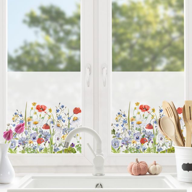 Fensterfolie bunt Aquarellierte Blumenwiese mit Mohn