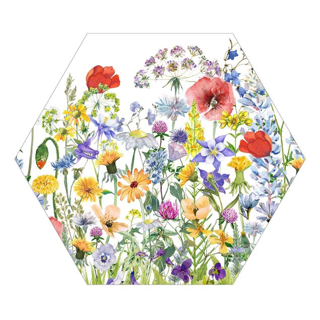 Hexagon Mustertapete selbstklebend - Aquarellierte Blumenwiese
