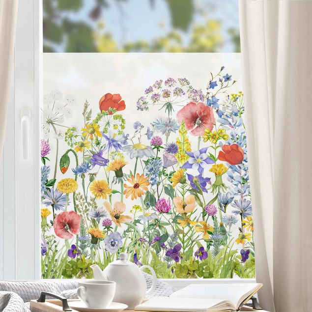 Fensterfolie Blumen Aquarellierte Blumenwiese