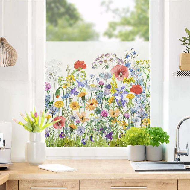 Fensterfolie bunt Aquarellierte Blumenwiese