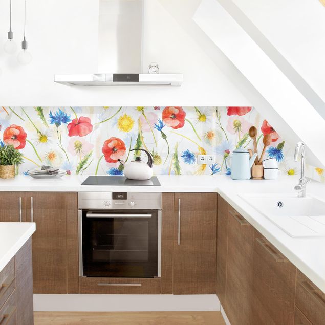 Küchenrückwand - Aquarellierte Feldblumen mit Mohn