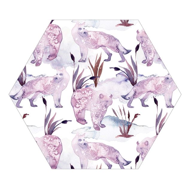 Hexagon Mustertapete selbstklebend - Aquarellierte Füchse mit Bär