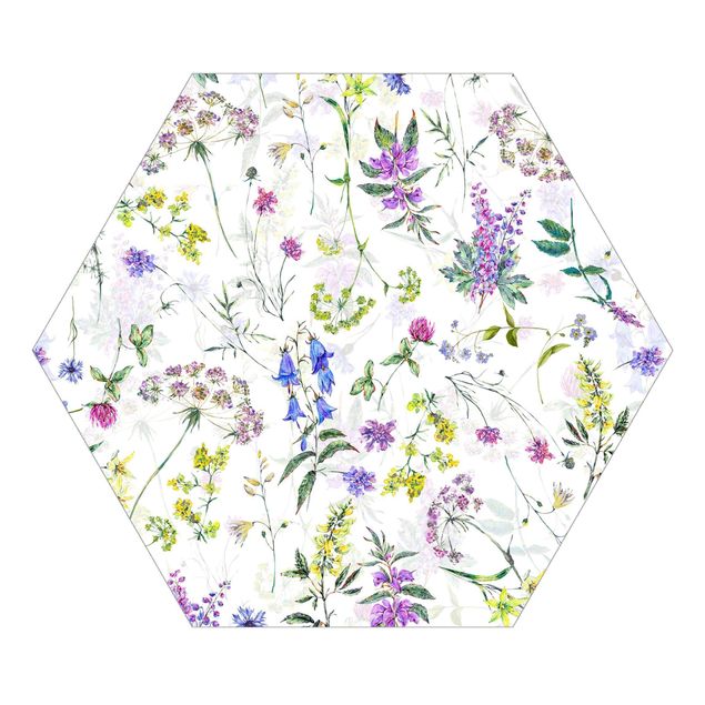 Hexagon Mustertapete selbstklebend - Aquarellierte Wiesenblumen
