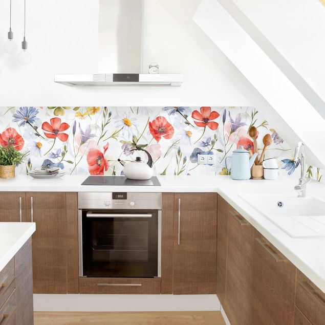 Küchenrückwand - Aquarellierter Mohn mit Kleeblatt
