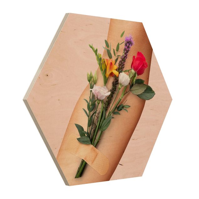 Hexagon Bild Holz - Arm mit Blumen