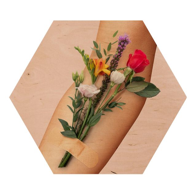Hexagon Bild Holz - Arm mit Blumen