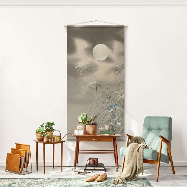 Wandbehang Tuch Asiatische Zeichnung - Blüte bei Mond
