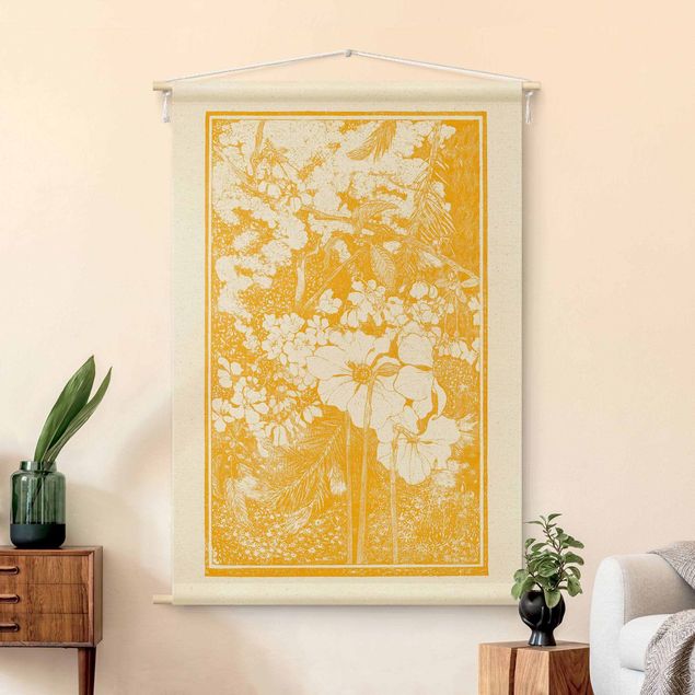 Wandbehang Asiatischer Holzschnitt in Gelb