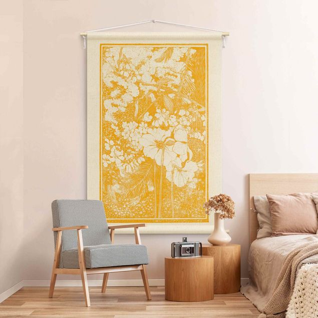 Wandtücher Asiatischer Holzschnitt in Gelb