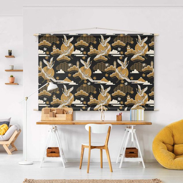Wandtücher Asiatisches Muster mit Kranichen im Herbst