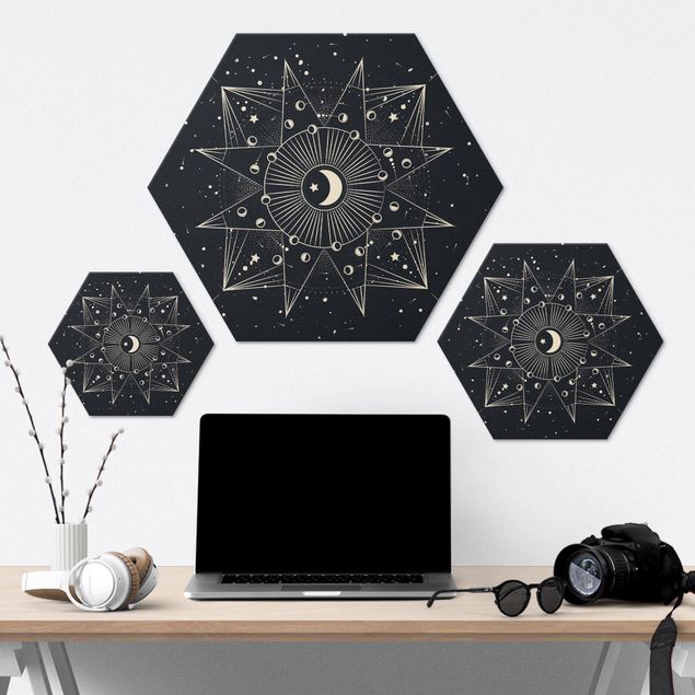 Hexagon-Alu-Dibond Bild - Astrologie Mond Magie Blau Gold
