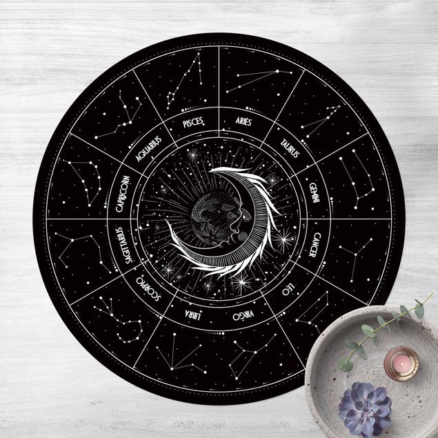 Teppich Balkon Astrologie Mond und Sternzeichen Schwarz