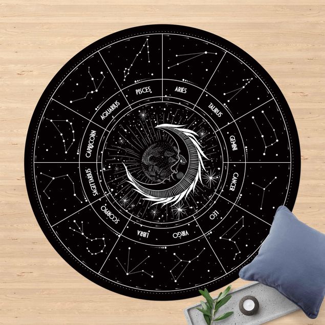 Moderner Teppich Astrologie Mond und Sternzeichen Schwarz