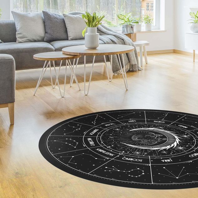 Teppich Mandala  Astrologie Mond und Sternzeichen Schwarz