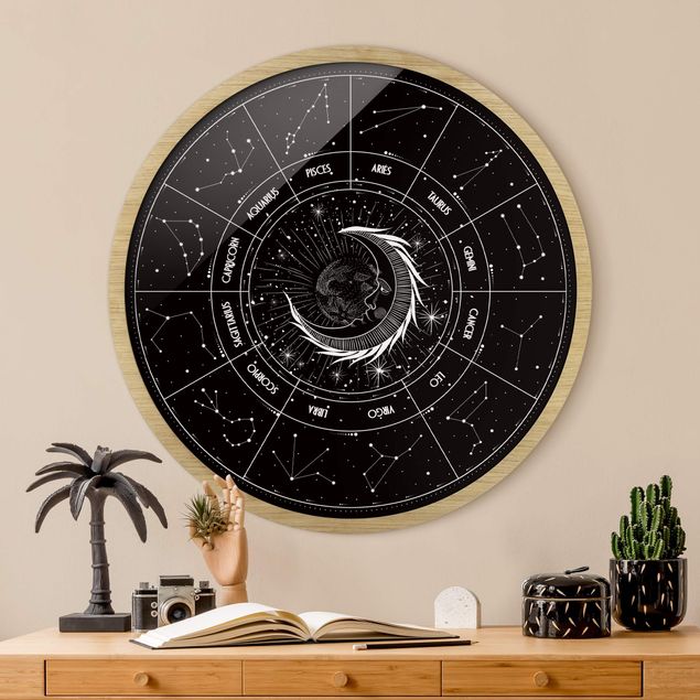 Runde Bilder Astrologie Mond und Sternzeichen Schwarz