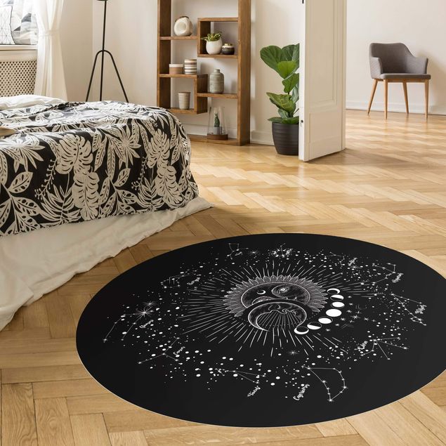 Mandala Teppich Astrologie Sonne Mond und Sterne Schwarz