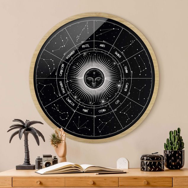 Runde Wandbilder Astrologie Sternzeichen im Sonnenkreis Schwarz