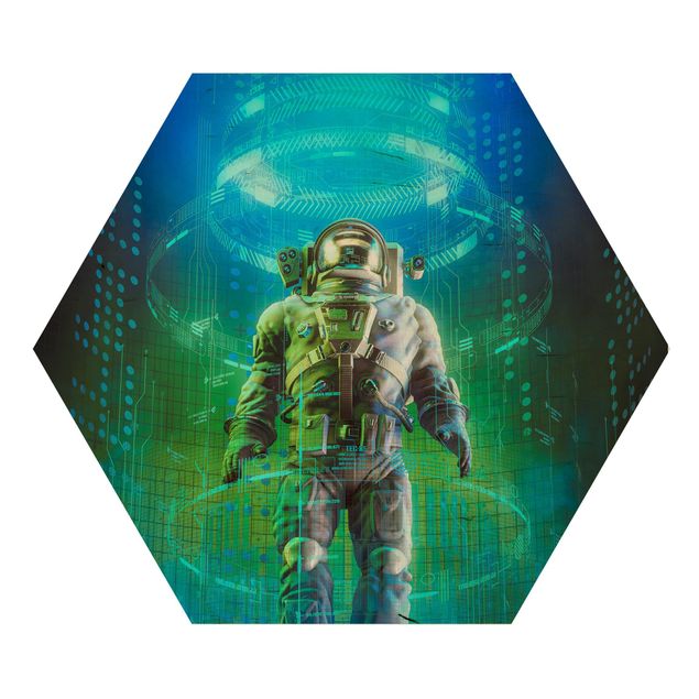 Hexagon-Holzbild - Astronaut in Röhre