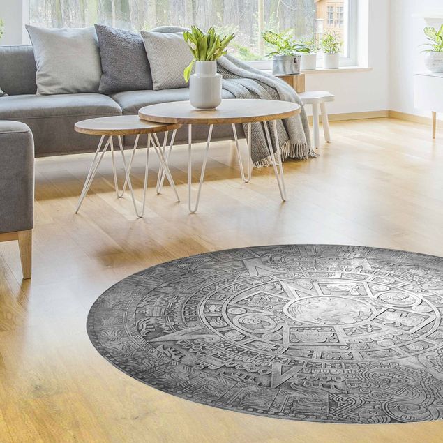 Mandala Teppich Azteken Ornamentik im Kreis Schwarz-Weiß