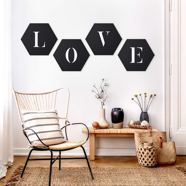 Hexagon Bild Forex 4-teilig - Buchstaben LOVE Weiß Set II