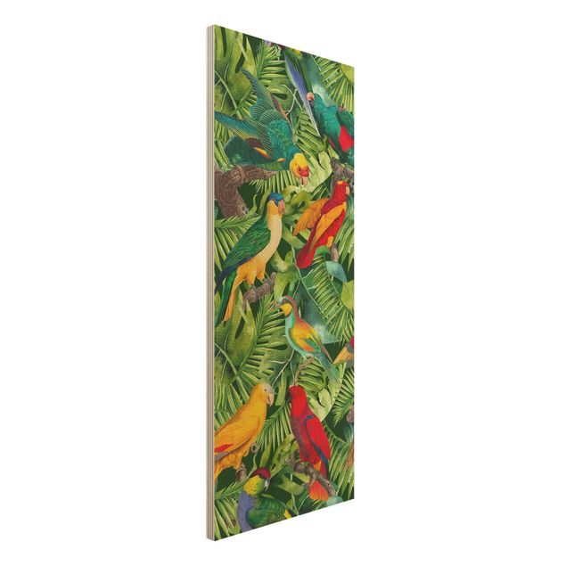 Holzbilder Blumen Bunte Collage - Papageien im Dschungel