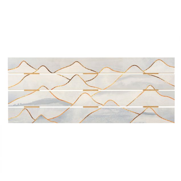 Wandbild Holz Aquarell Berge Weiß Gold