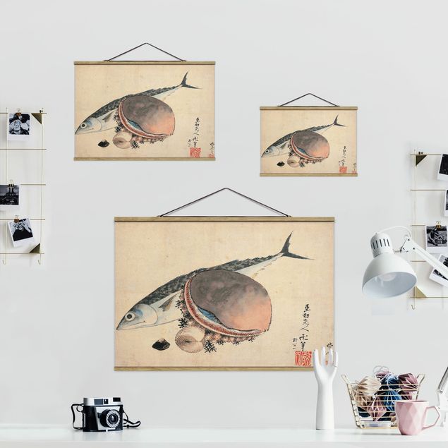 Stoffbild mit Posterleisten - Katsushika Hokusai - Makrele und Seemuscheln - Querformat 3:2