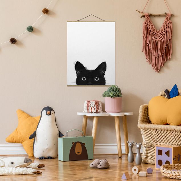 Stoffbilder mit Posterleisten Illustration Schwarze Katze auf Weiß Malerei