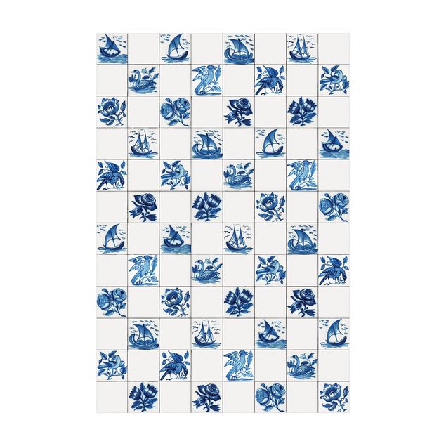 Teppich blau Handgemalte Fliesen mit Blumen, Schiffen und Vögeln