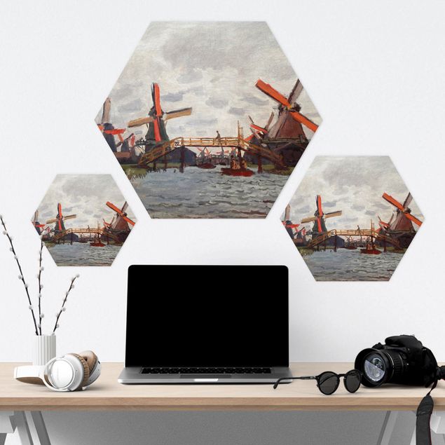 Hexagon Bild Alu-Dibond - Claude Monet - Windmühlen Zaandam