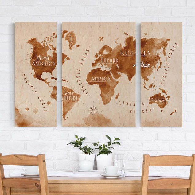 Leinwandbild Weltkarte Weltkarte Aquarell beige braun