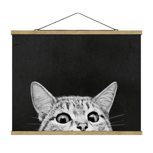 Stoffbild mit Posterleisten - Laura Graves - Illustration Katze Schwarz Weiß Zeichnung - Querformat 4:3