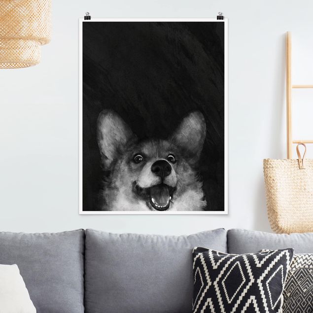 schwarz-weiß Poster Illustration Hund Corgi Malerei Schwarz Weiß