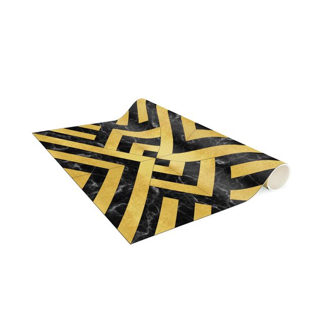 Vinyl-Teppich - Geometrischer Fliesenmix Art Deco Gold Schwarzer Marmor - Hochformat 1:2