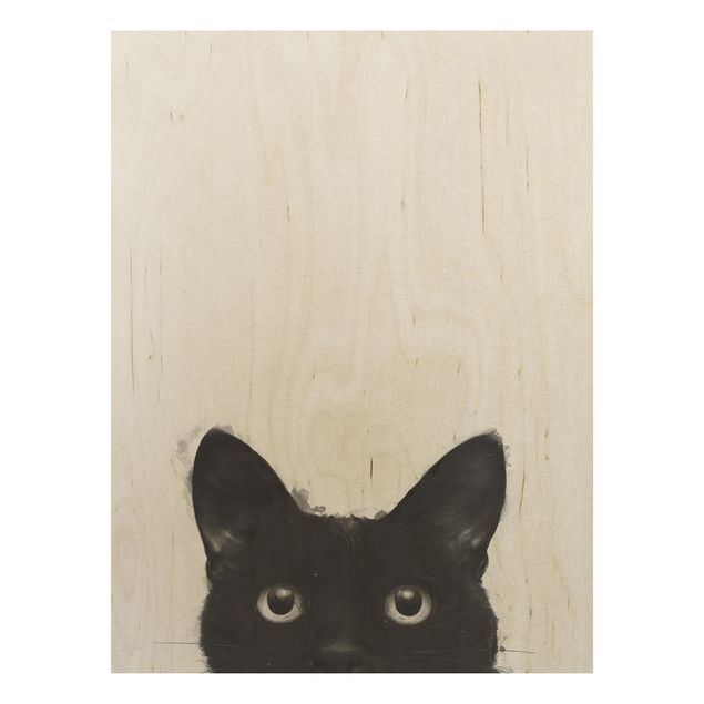 Holzbild - Illustration Schwarze Katze auf Weiß Malerei - Hochformat 4:3