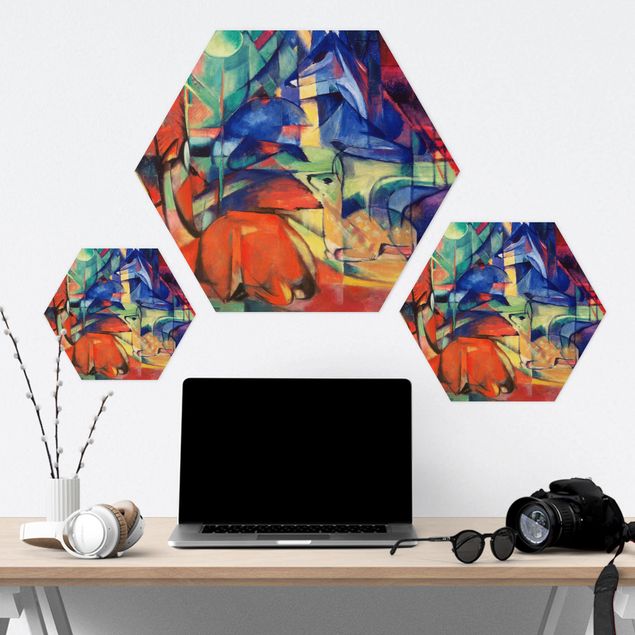 Hexagon Bild Alu-Dibond - Franz Marc - Rehe im Walde