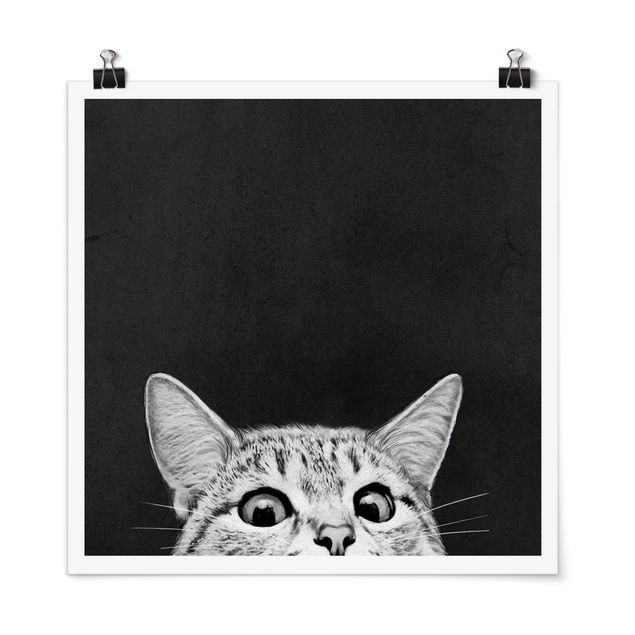 Poster - Illustration Katze Schwarz Weiß Zeichnung - Quadrat 1:1